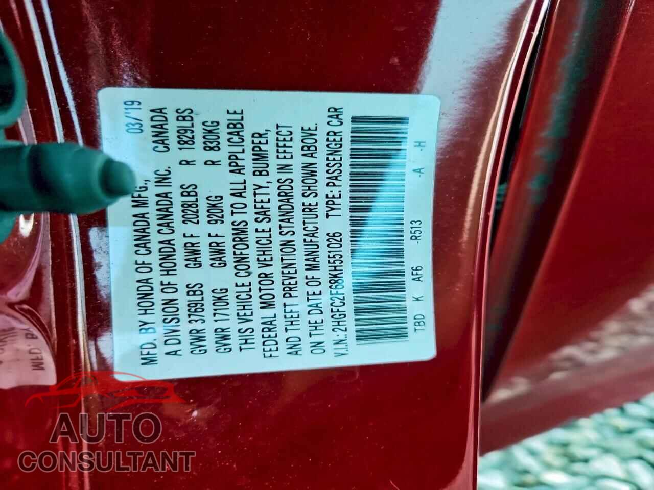 HONDA CIVIC 2019 - 2HGFC2F68KH551026