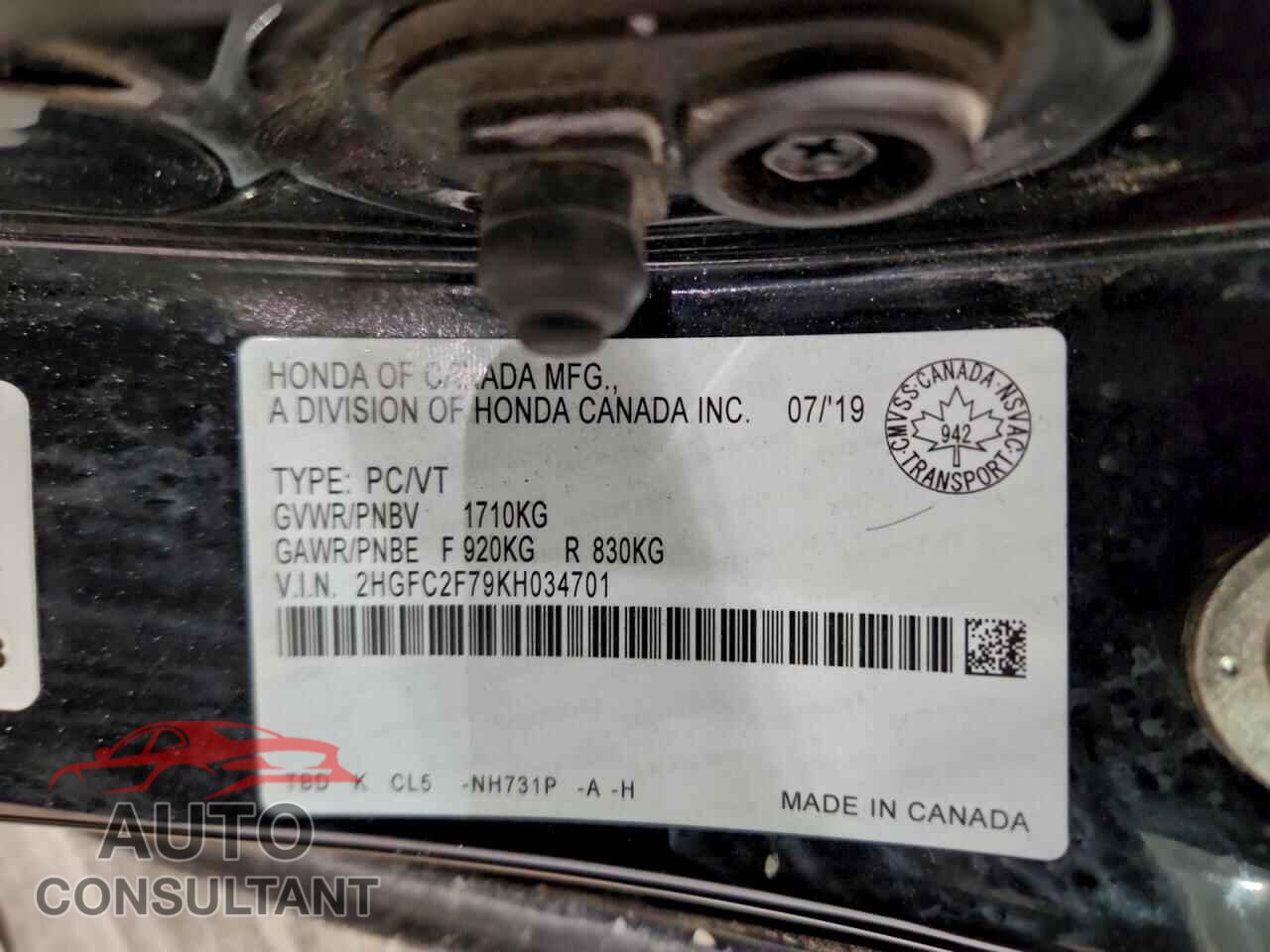HONDA CIVIC 2019 - 2HGFC2F79KH034701