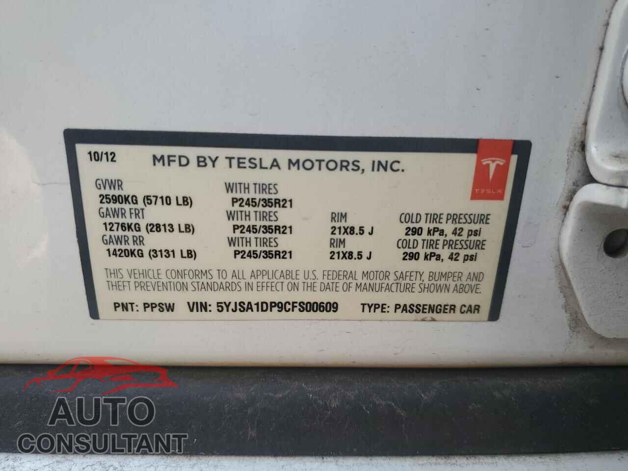 TESLA MODEL S 2012 - 5YJSA1DP9CFS00609