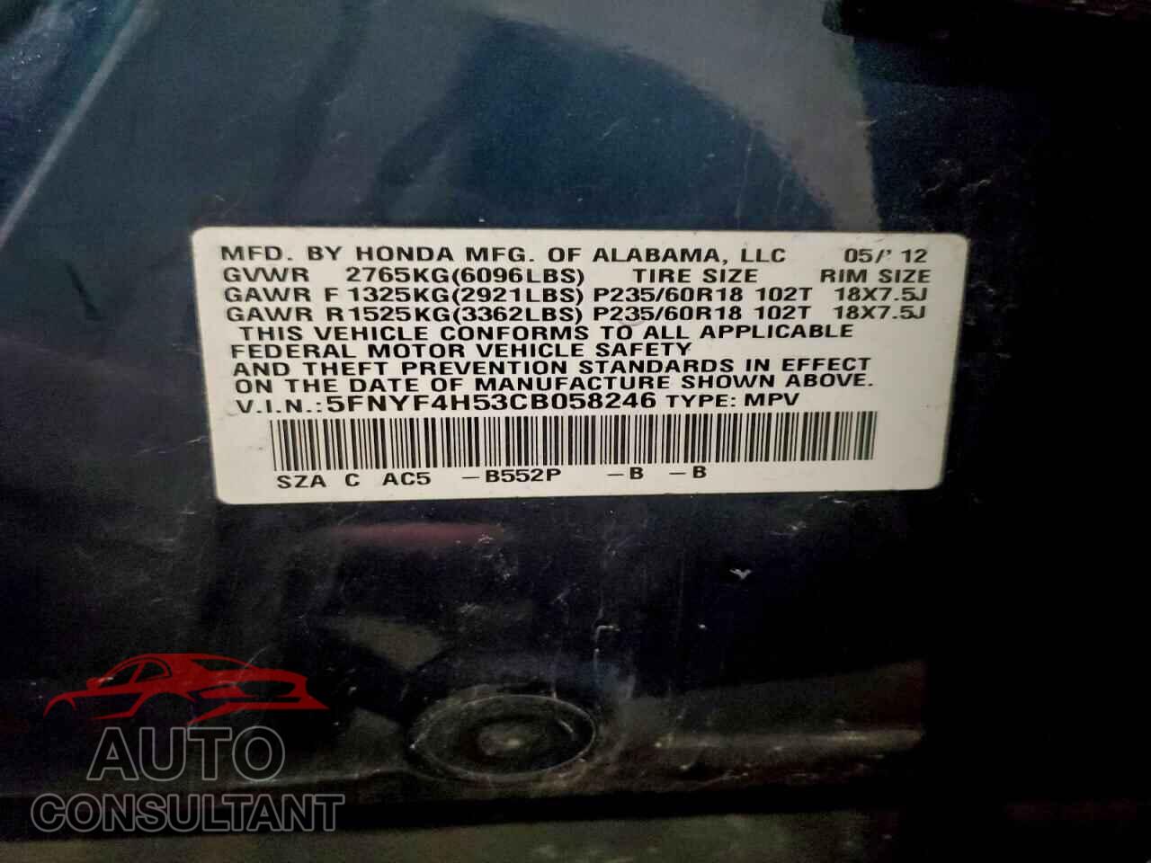 HONDA PILOT 2012 - 5FNYF4H53CB058246