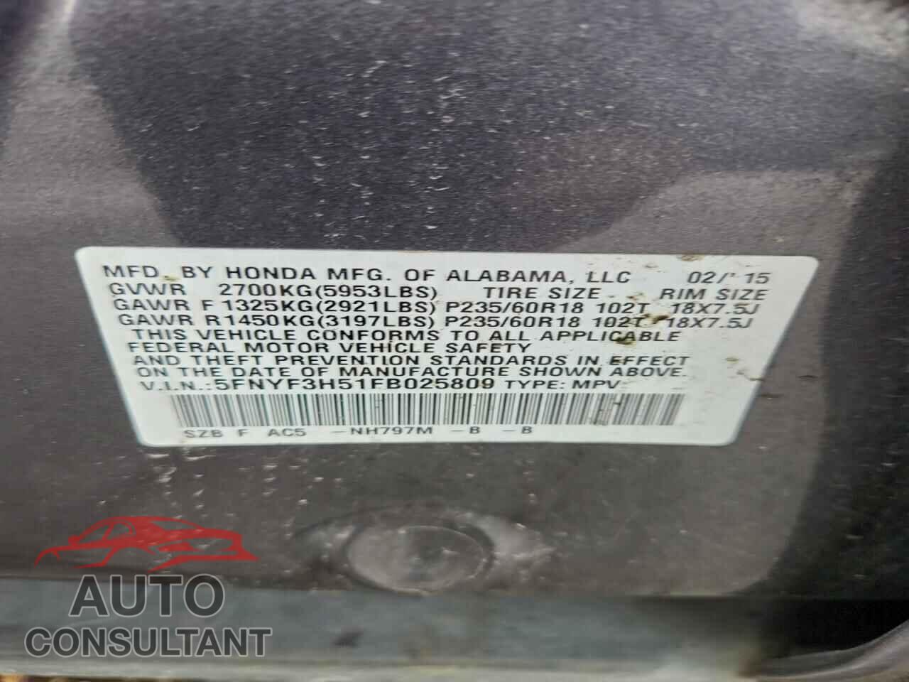 HONDA PILOT 2015 - 5FNYF3H51FB025809
