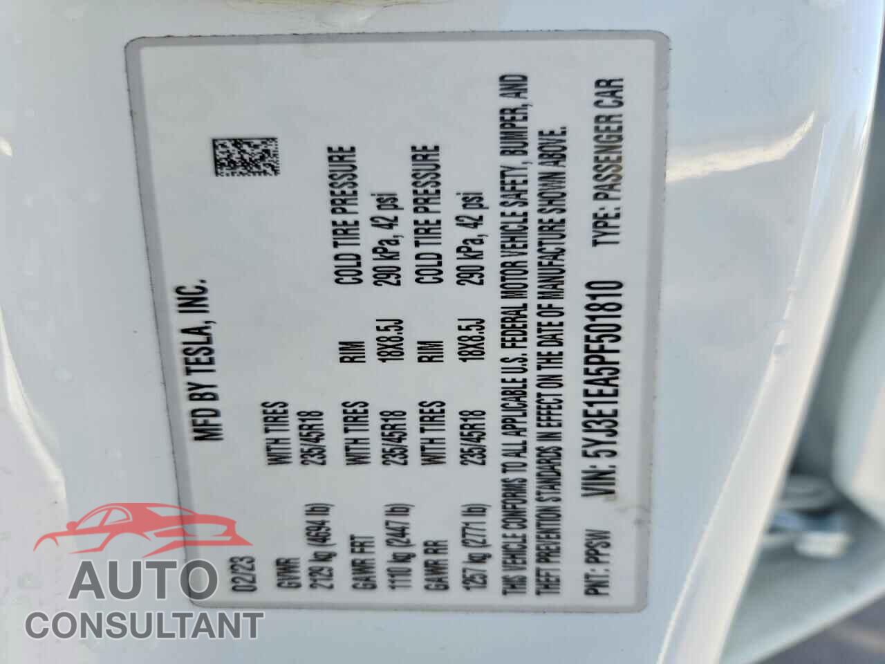 TESLA MODEL 3 2023 - 5YJ3E1EA5PF501810