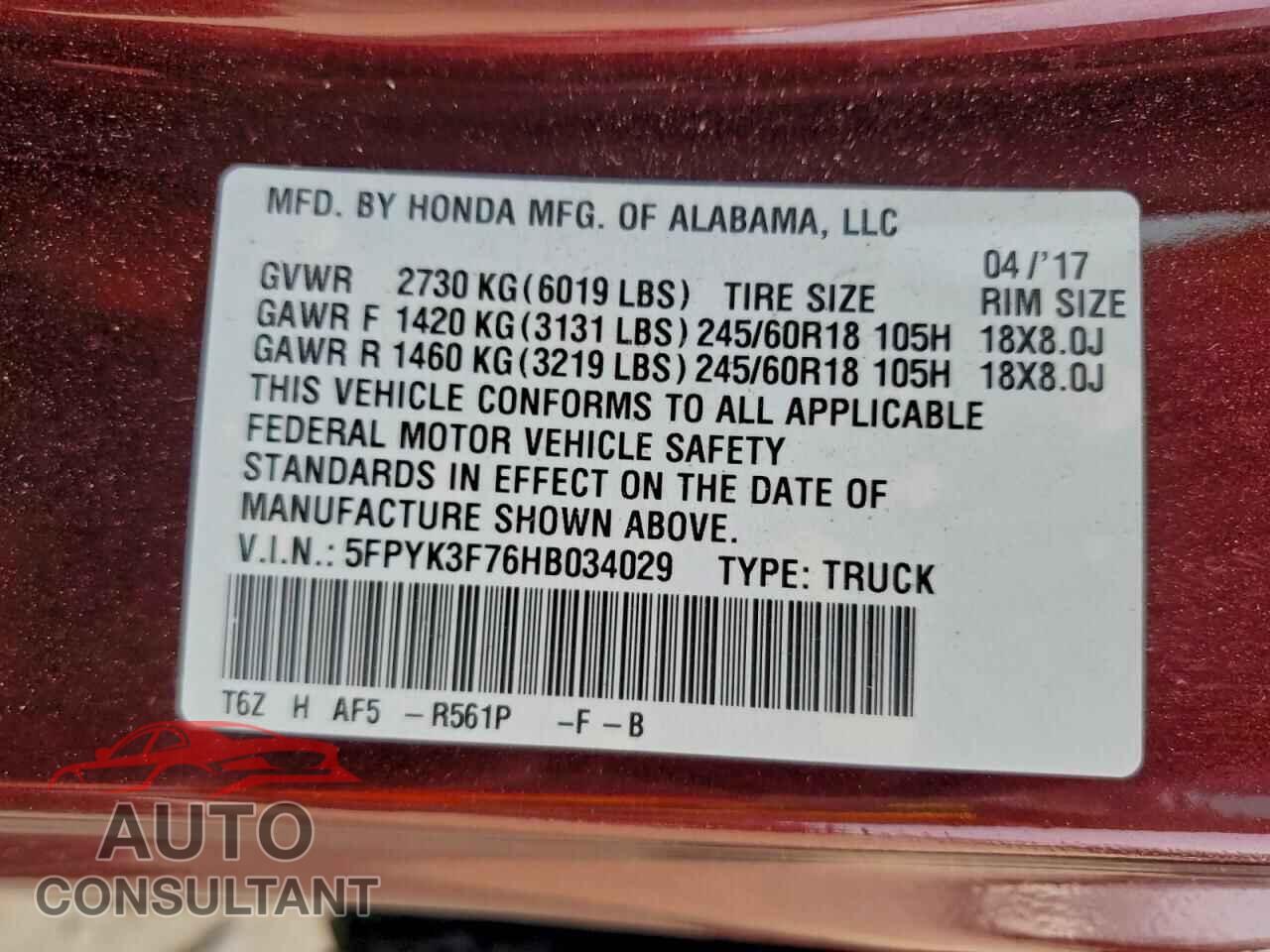 HONDA RIDGELINE 2017 - 5FPYK3F76HB034029