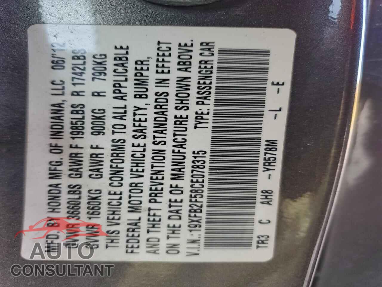 HONDA CIVIC 2012 - 19XFB2F58CE078315
