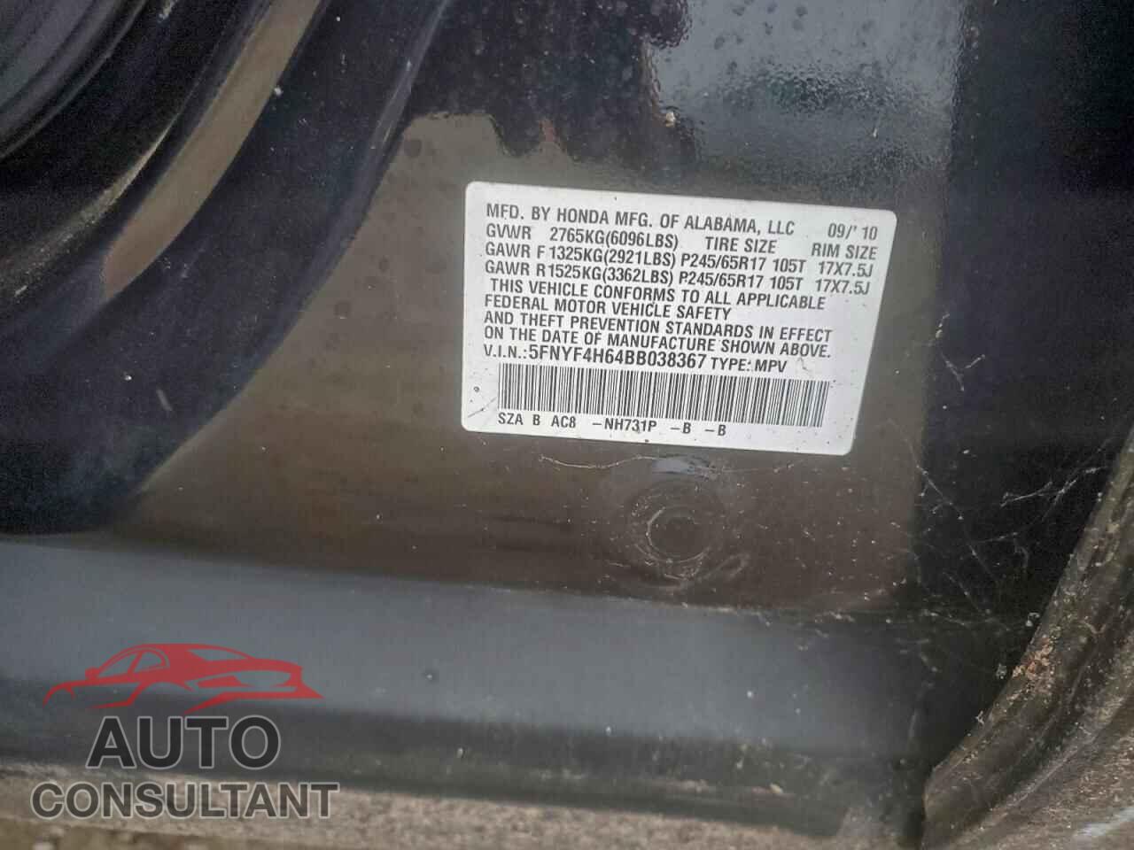 HONDA PILOT 2011 - 5FNYF4H64BB038367