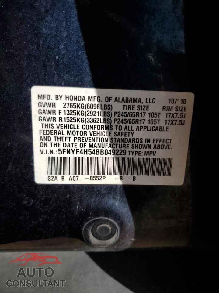 HONDA PILOT 2011 - 5FNYF4H54BB049229