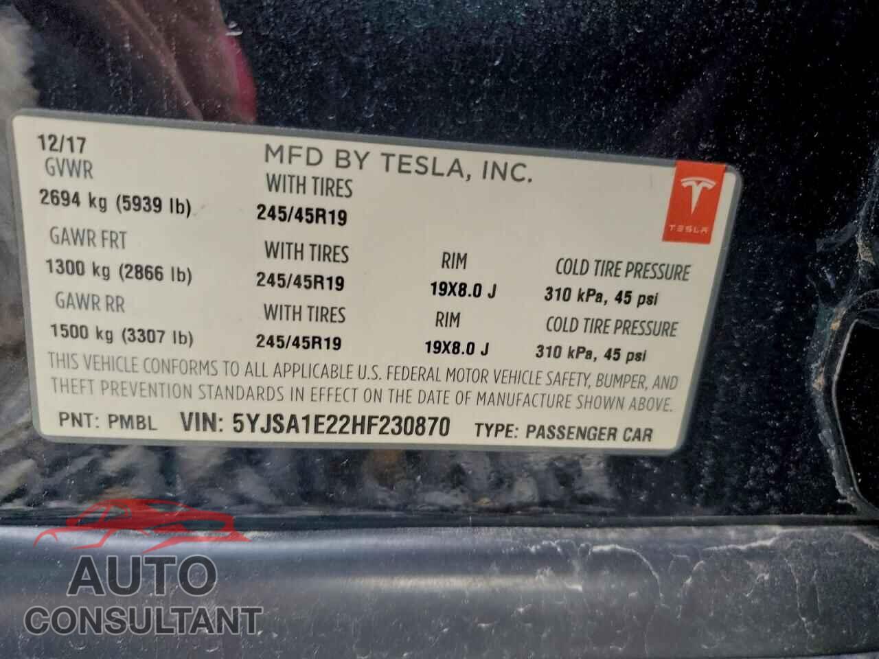 TESLA MODEL S 2017 - 5YJSA1E22HF230870