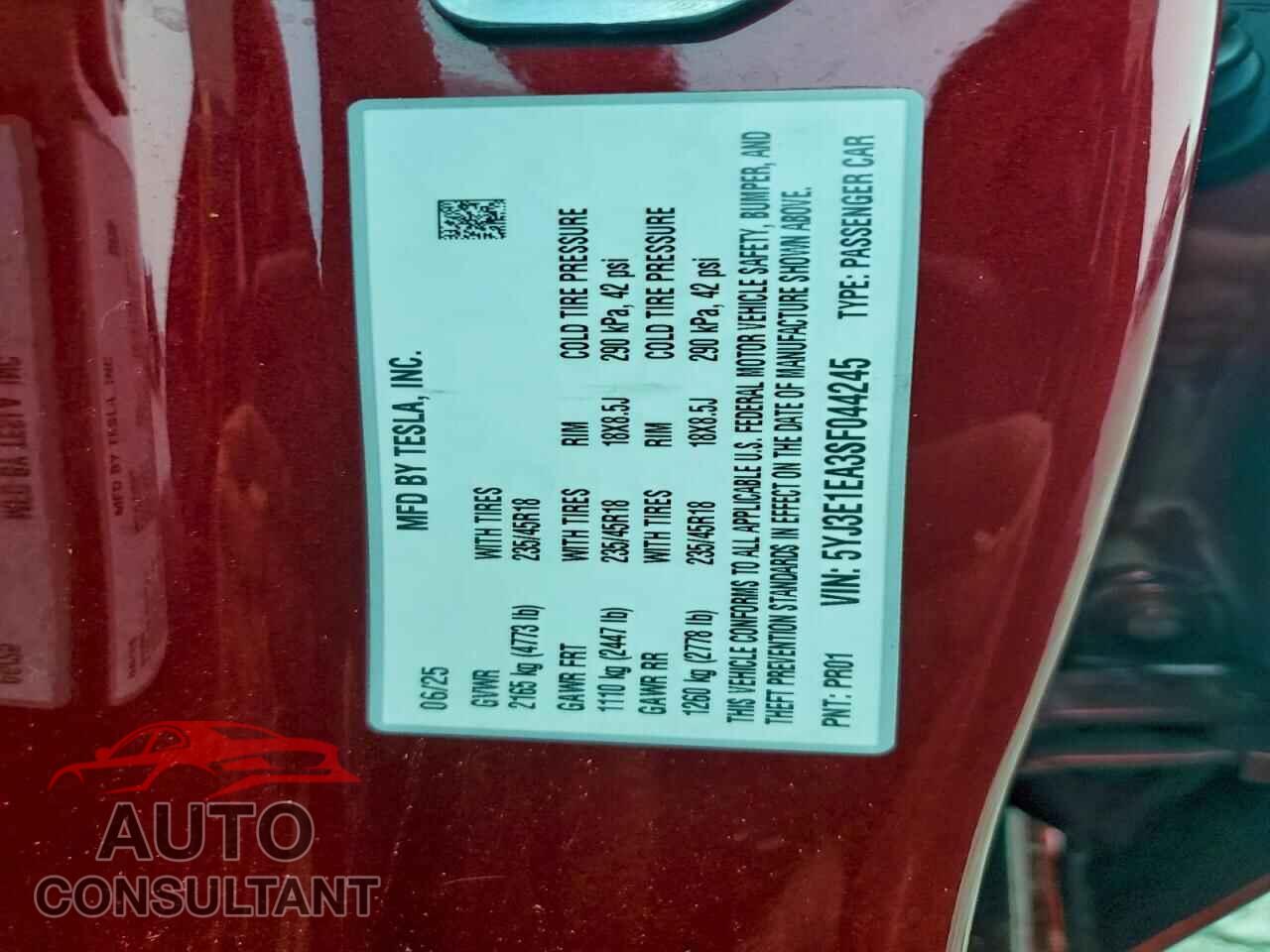 TESLA MODEL 3 2025 - 5YJ3E1EA3SF044245