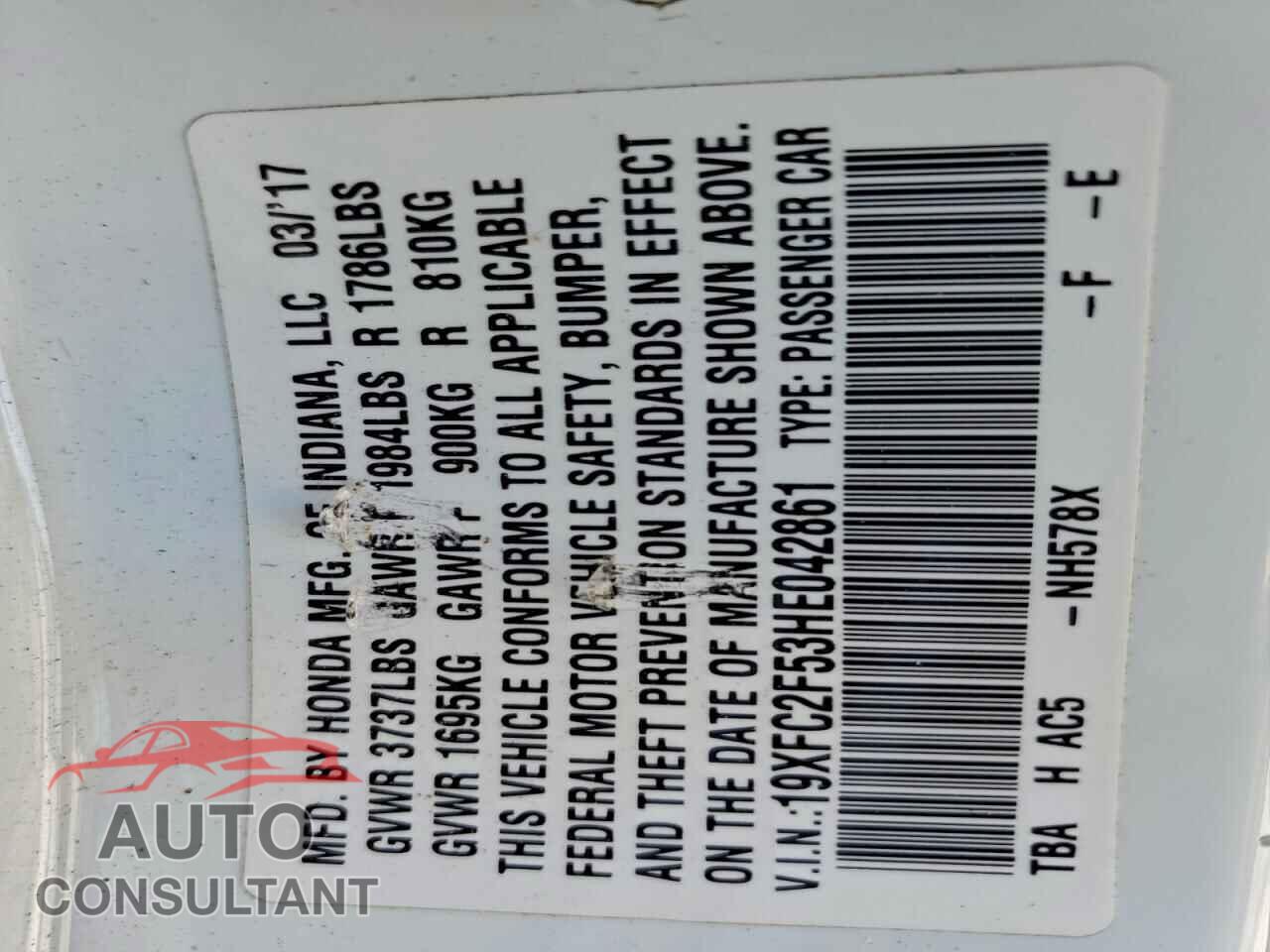 HONDA CIVIC 2017 - 19XFC2F53HE042861