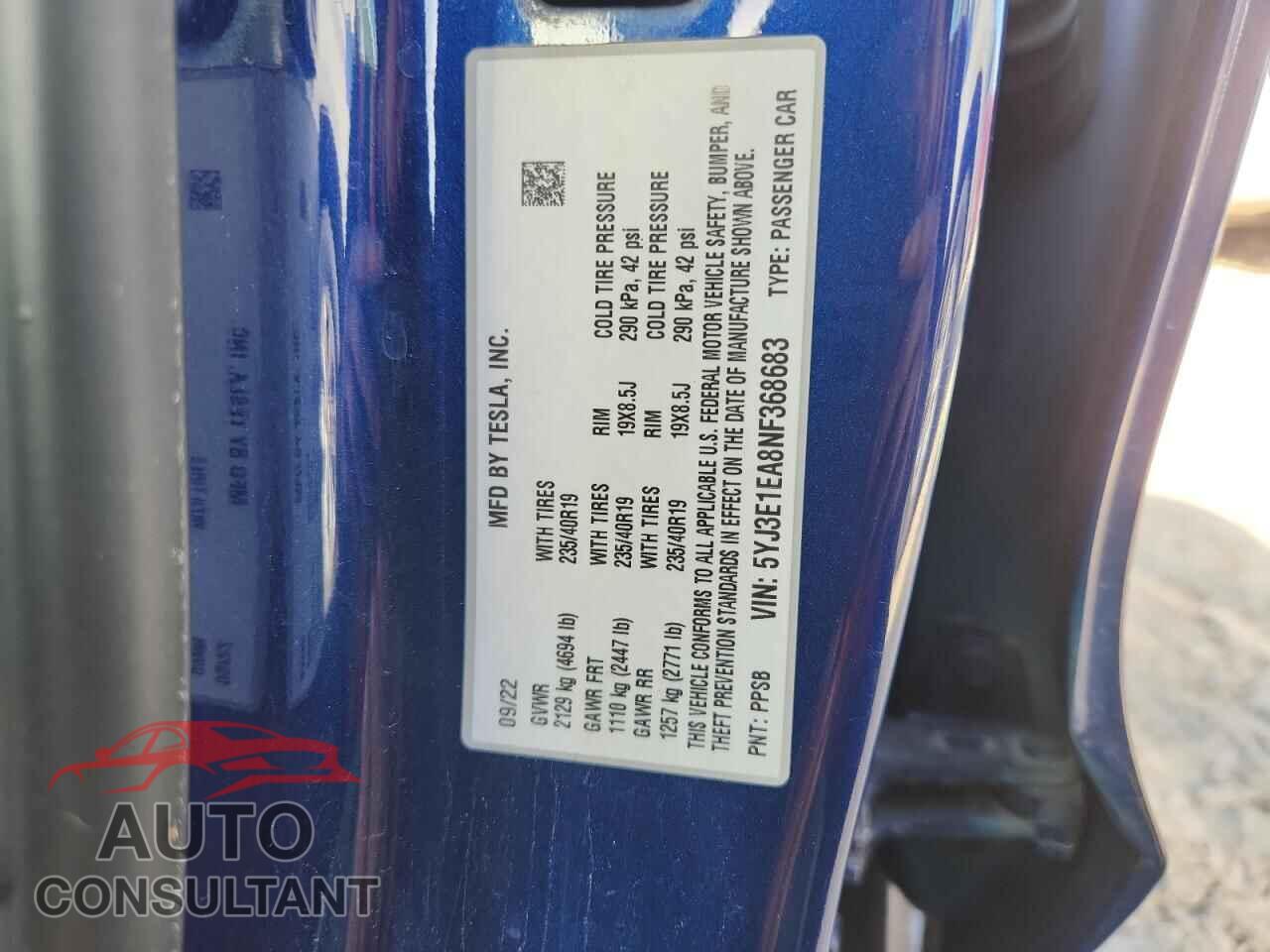 TESLA MODEL 3 2022 - 5YJ3E1EA8NF368683