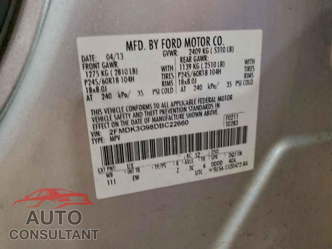 FORD EDGE 2013 - 2FMDK3G98DBC22660