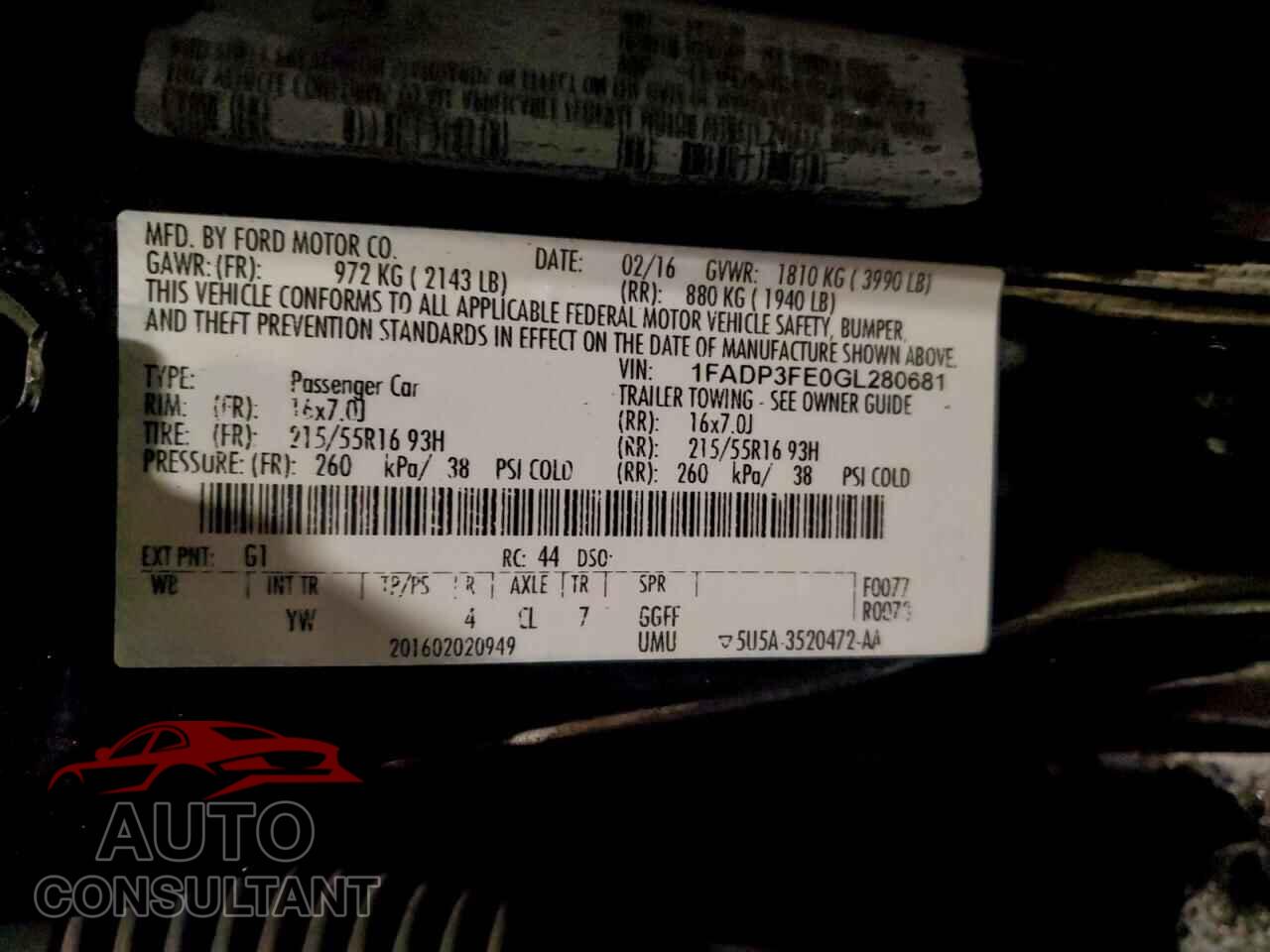 FORD FOCUS 2016 - 1FADP3FE0GL280681