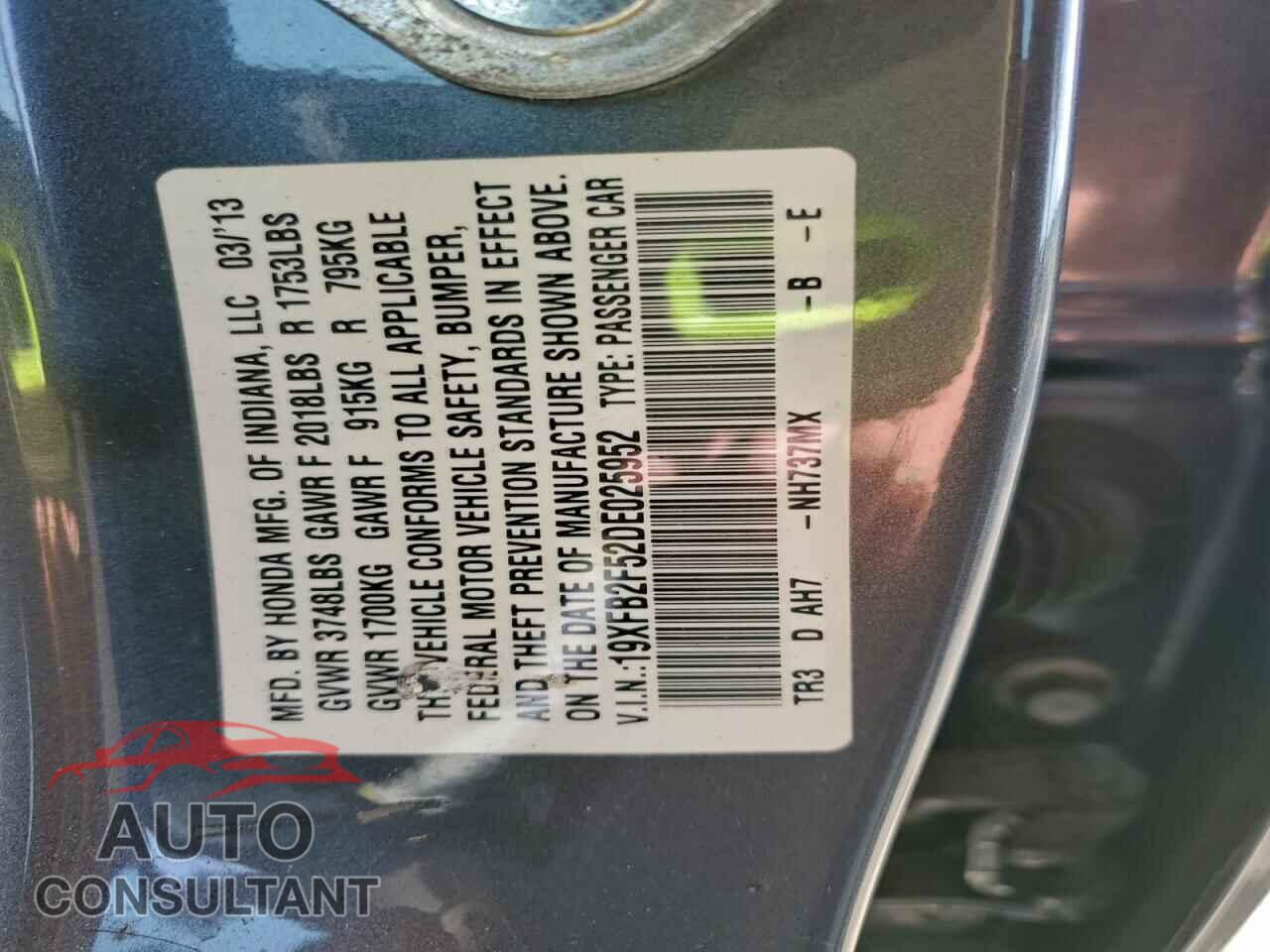 HONDA CIVIC 2013 - 19XFB2F52DE025952
