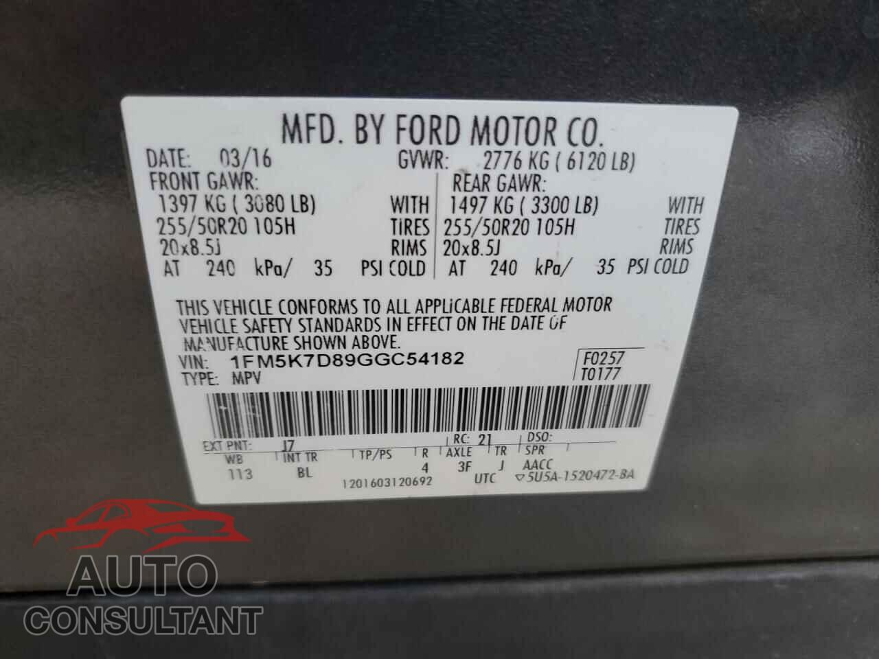 FORD EXPLORER 2016 - 1FM5K7D89GGC54182