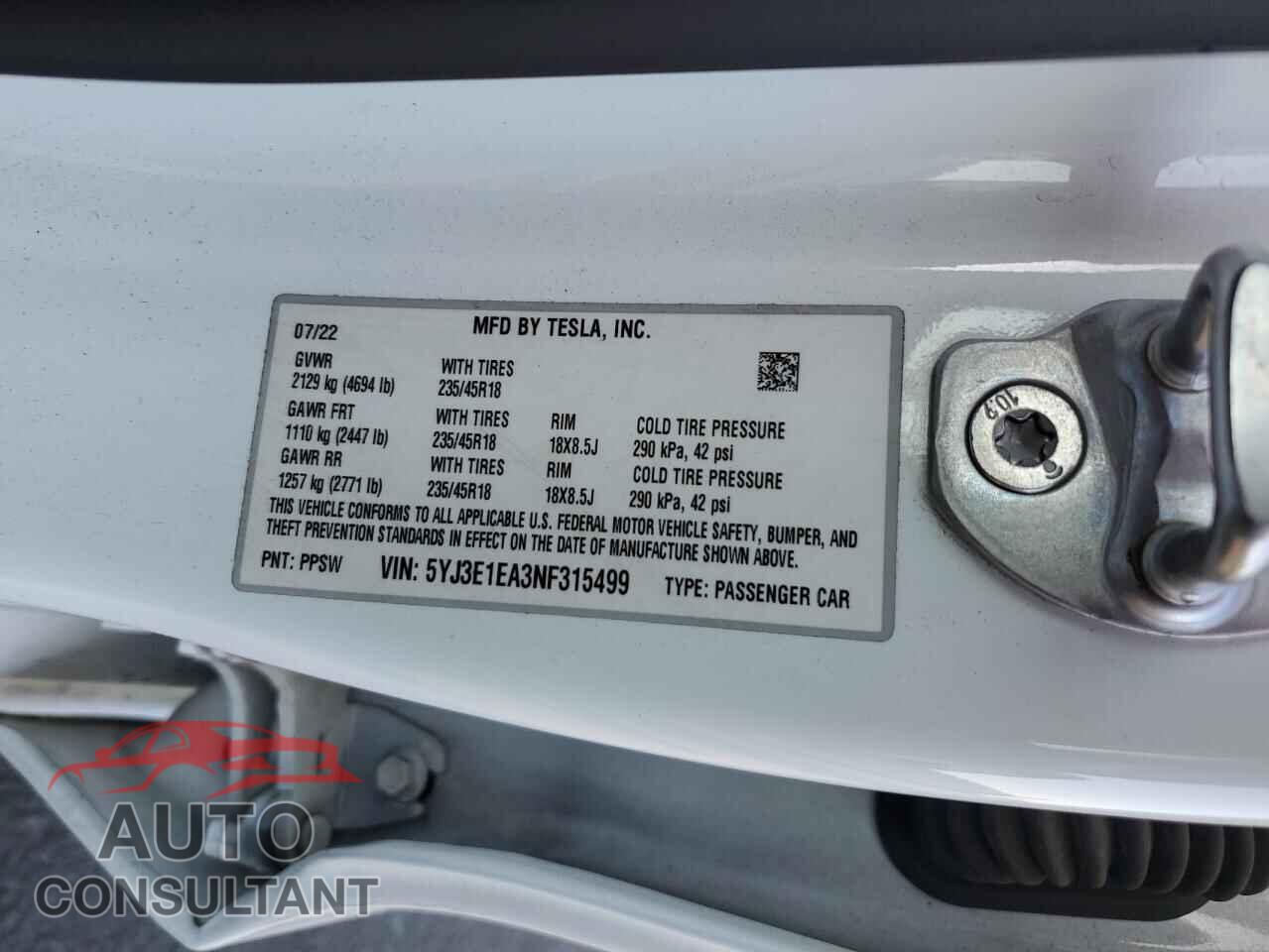TESLA MODEL 3 2022 - 5YJ3E1EA3NF315499