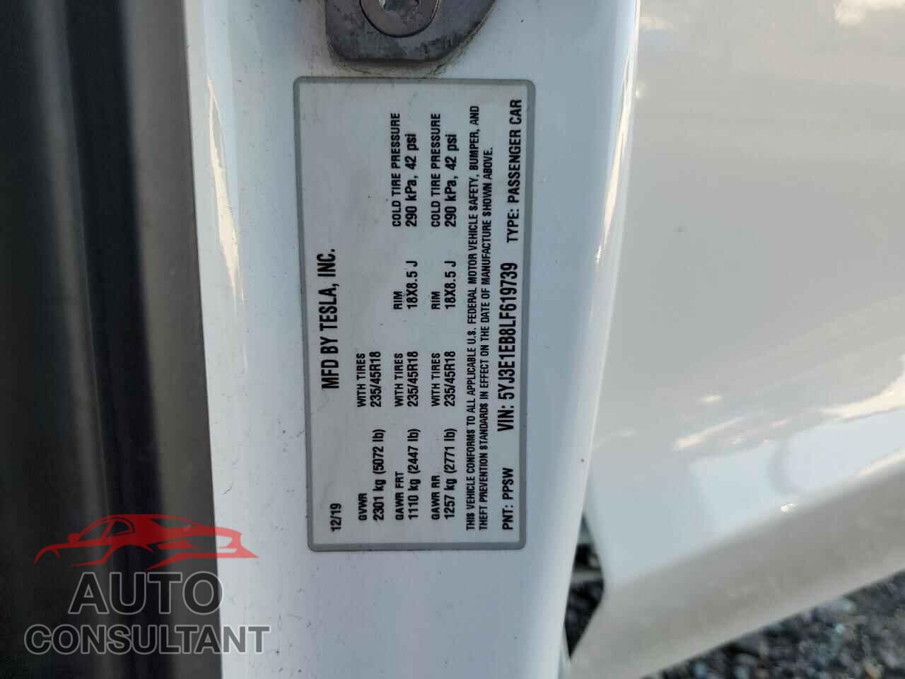 TESLA MODEL 3 2020 - 5YJ3E1EB8LF619739