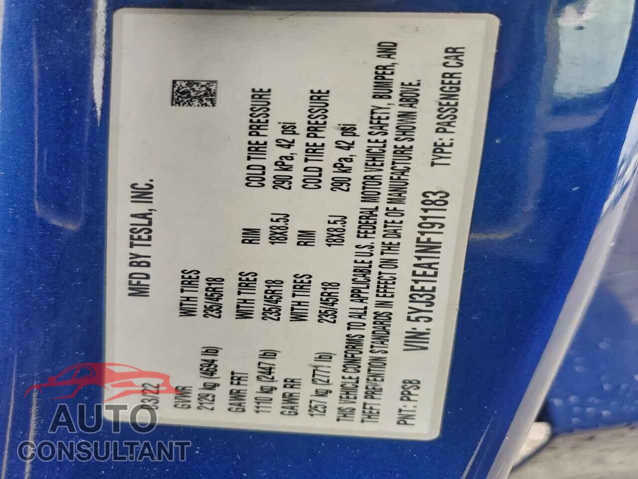 TESLA MODEL 3 2022 - 5YJ3E1EA1NF191183