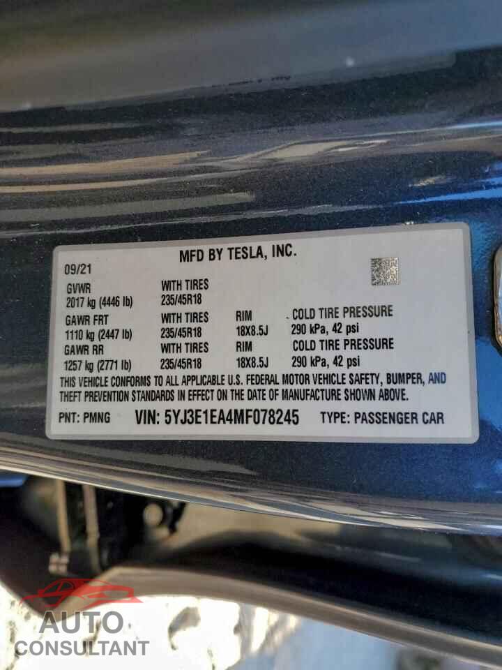 TESLA MODEL 3 2021 - 5YJ3E1EA4MF078245