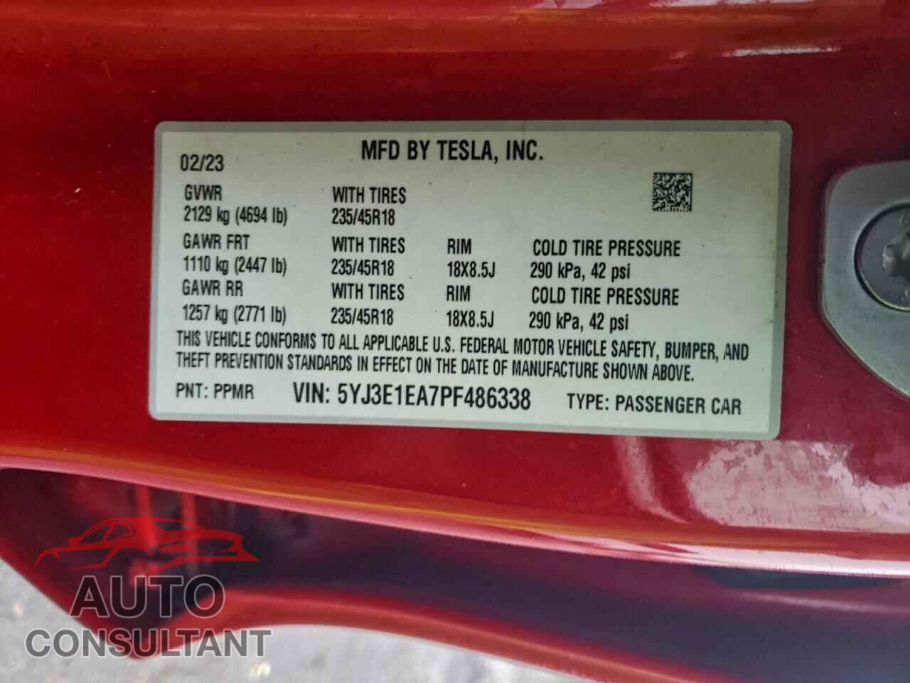 TESLA MODEL 3 2023 - 5YJ3E1EA7PF486338