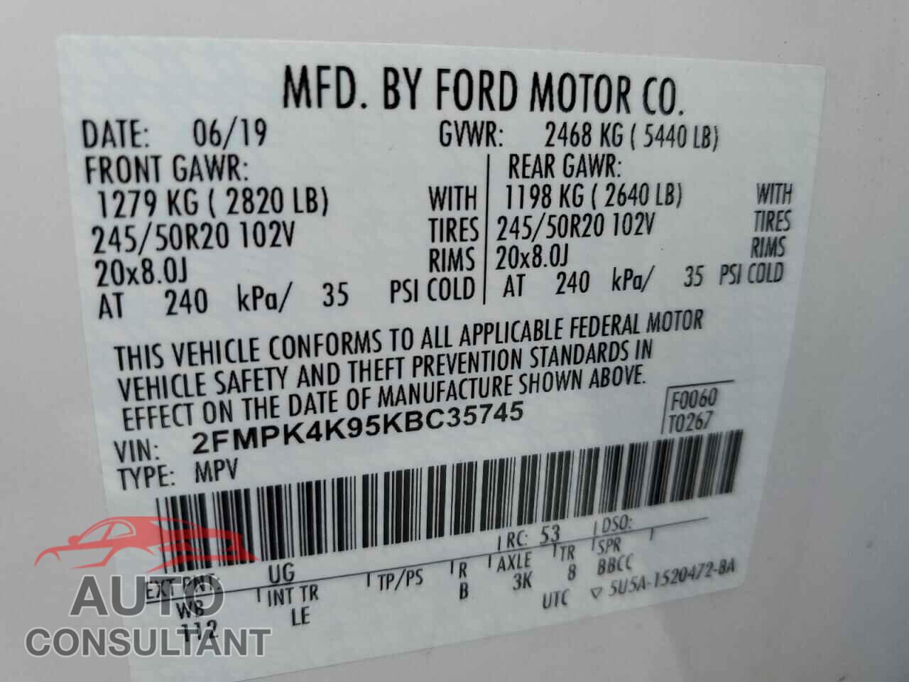 FORD EDGE 2019 - 2FMPK4K95KBC35745
