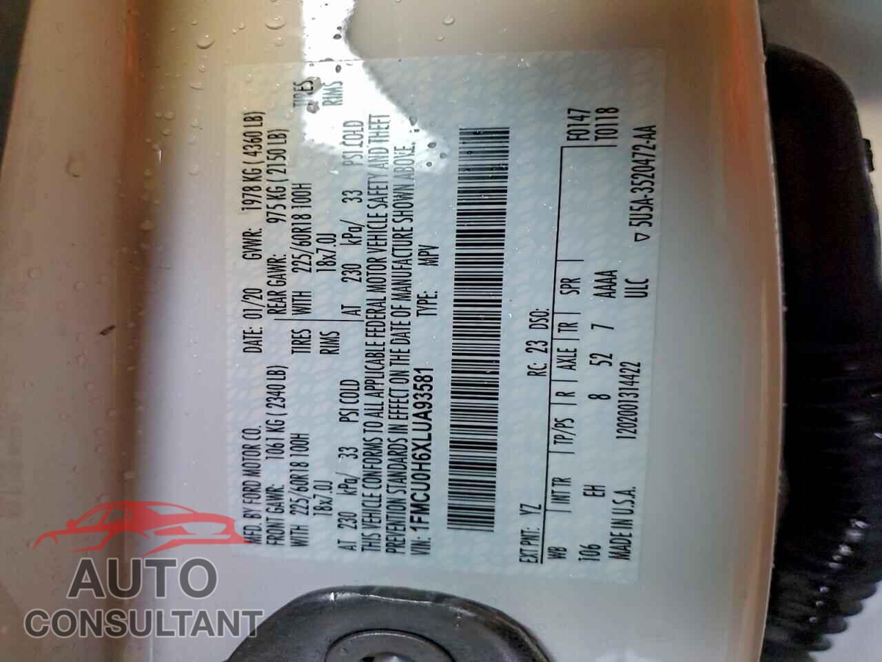 FORD ESCAPE 2020 - 1FMCU0H6XLUA93581