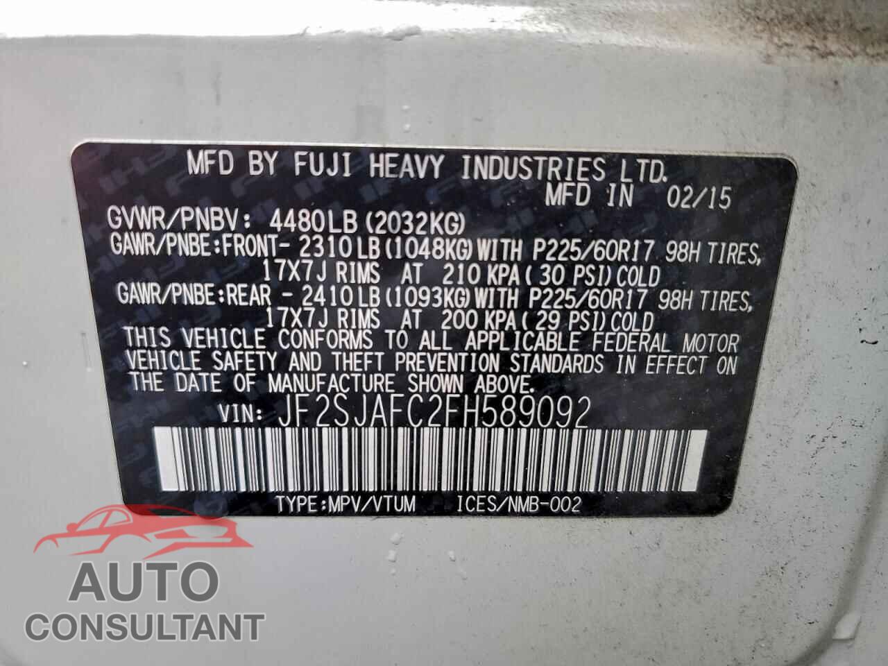 SUBARU FORESTER 2015 - JF2SJAFC2FH589092
