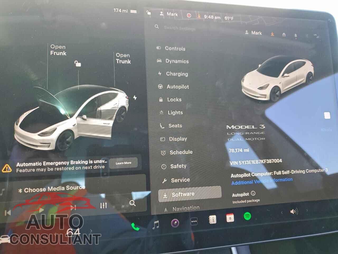 TESLA MODEL 3 2019 - 5YJ3E1EB7KF387004