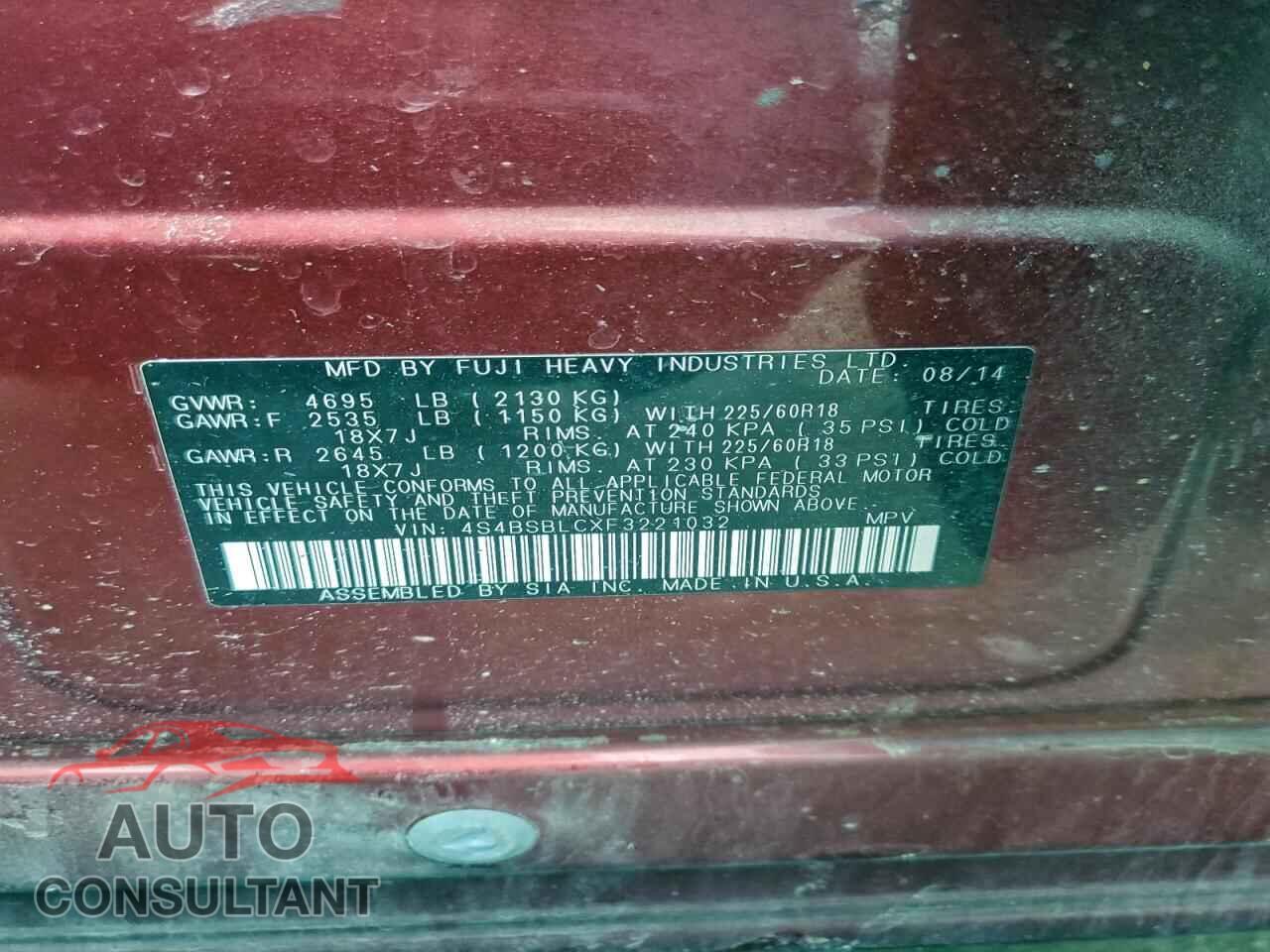 SUBARU OUTBACK 2015 - 4S4BSBLCXF3221032