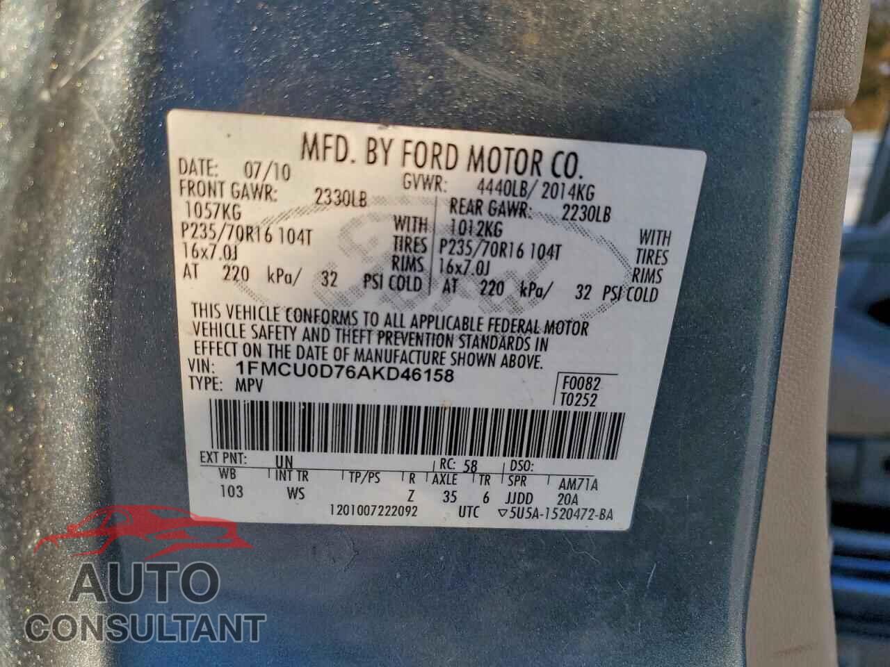 FORD ESCAPE 2010 - 1FMCU0D76AKD46158