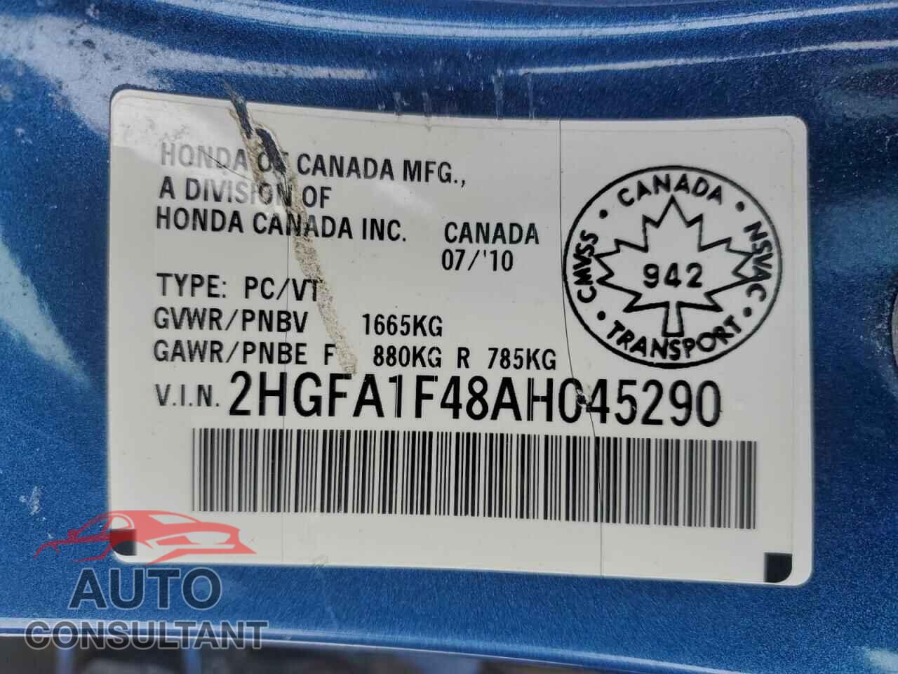 HONDA CIVIC 2010 - 2HGFA1F48AH045290