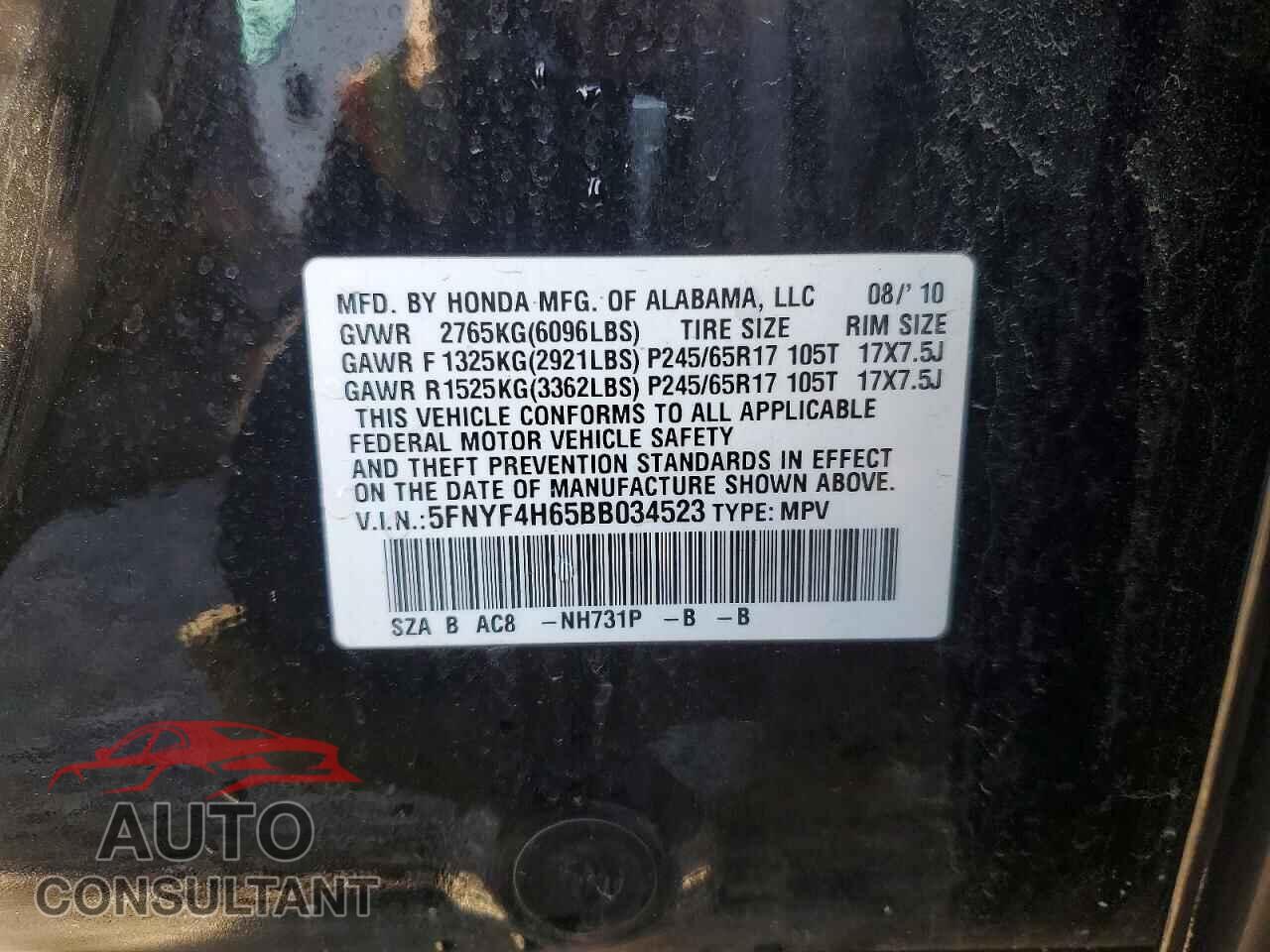 HONDA PILOT 2011 - 5FNYF4H65BB034523