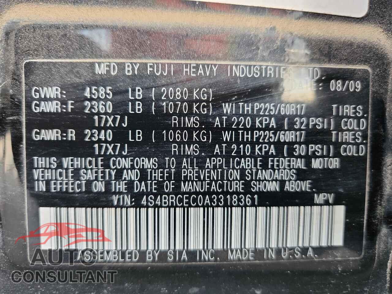 SUBARU OUTBACK 2010 - 4S4BRCEC0A3318361