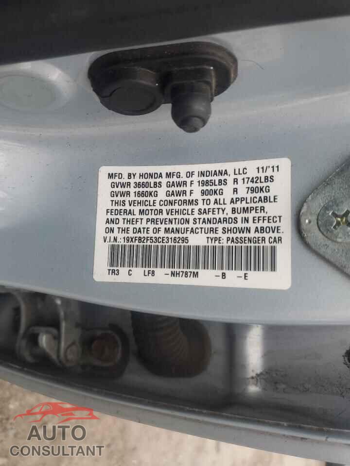 HONDA CIVIC 2012 - 19XFB2F53CE316295