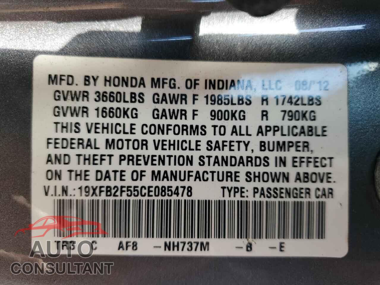 HONDA CIVIC 2012 - 19XFB2F55CE085478