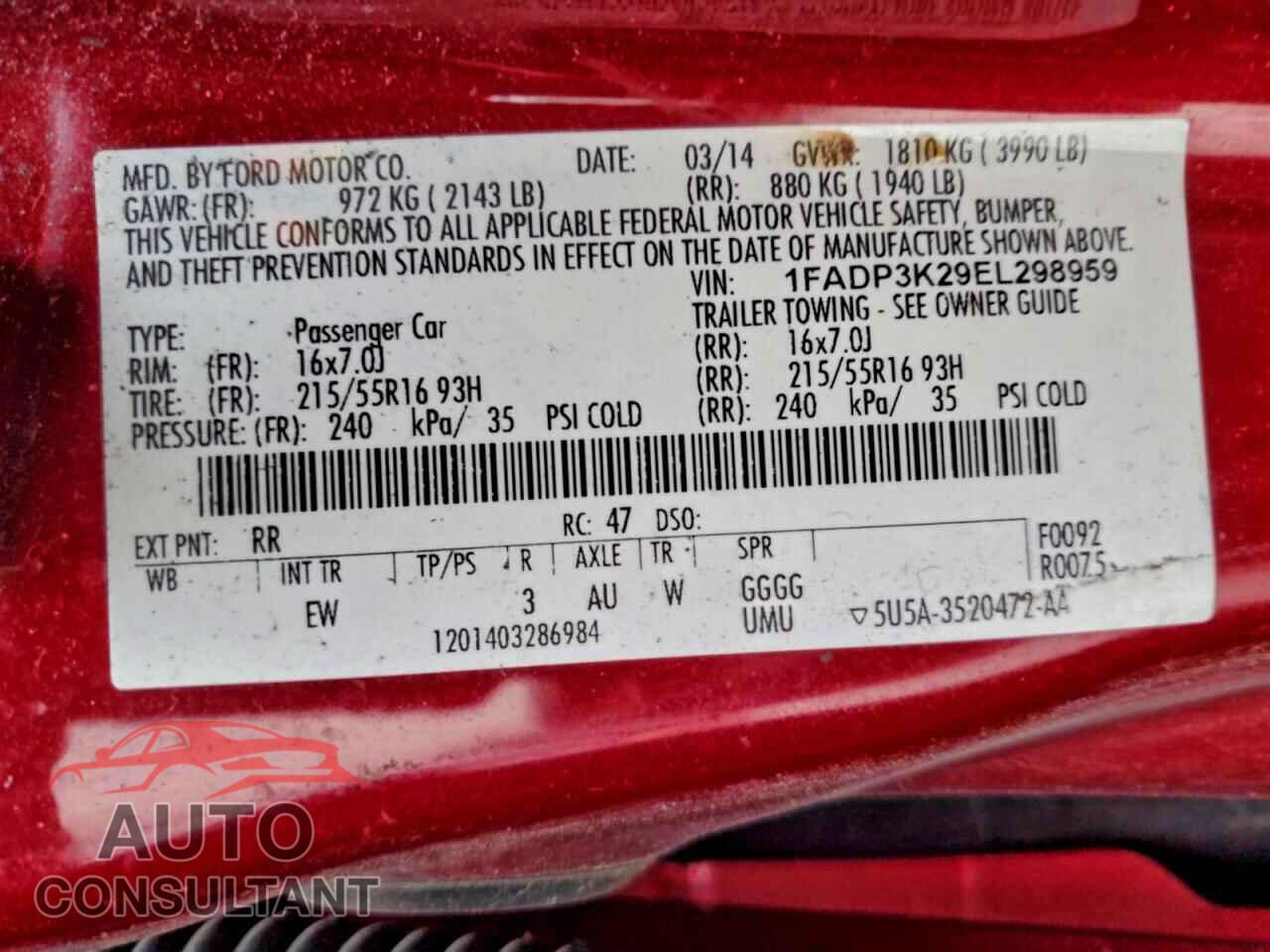 FORD FOCUS 2014 - 1FADP3K29EL298959