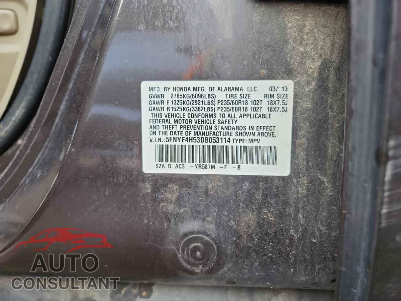 HONDA PILOT 2013 - 5FNYF4H53DB053114