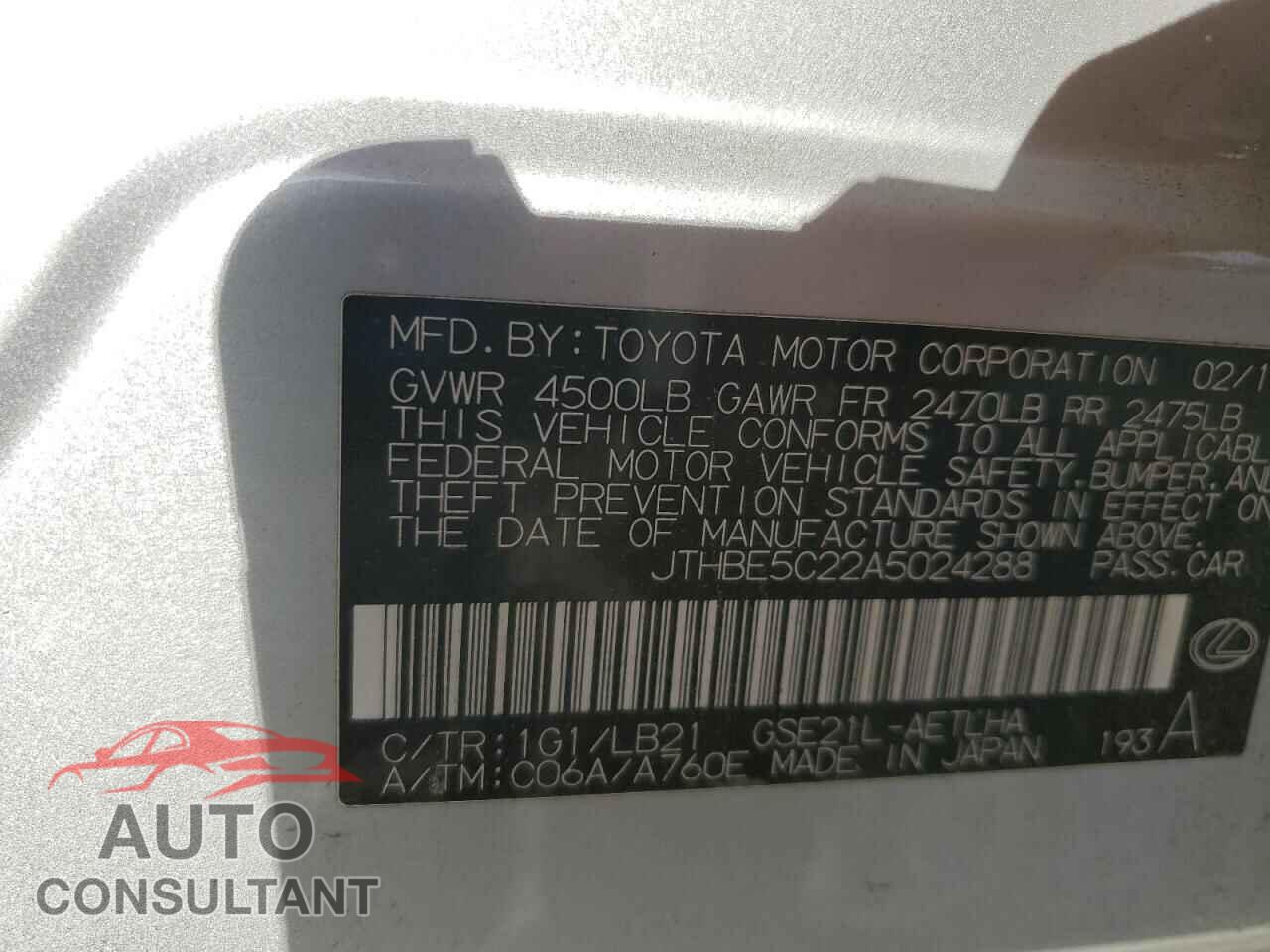 LEXUS IS 2010 - JTHBE5C22A5024288