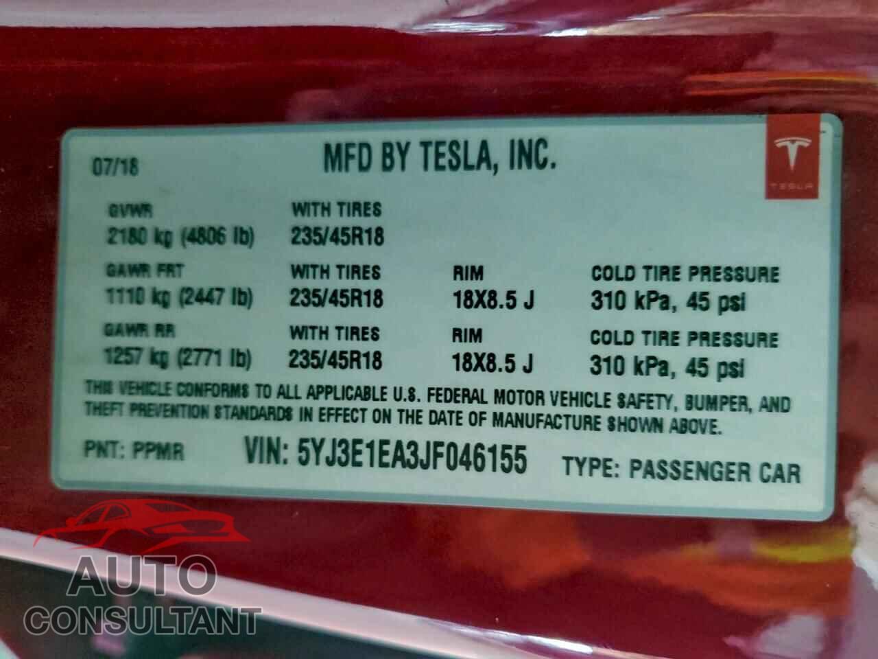 TESLA MODEL 3 2018 - 5YJ3E1EA3JF046155