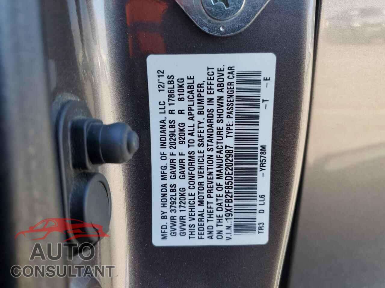 HONDA CIVIC 2013 - 19XFB2F85DE202987