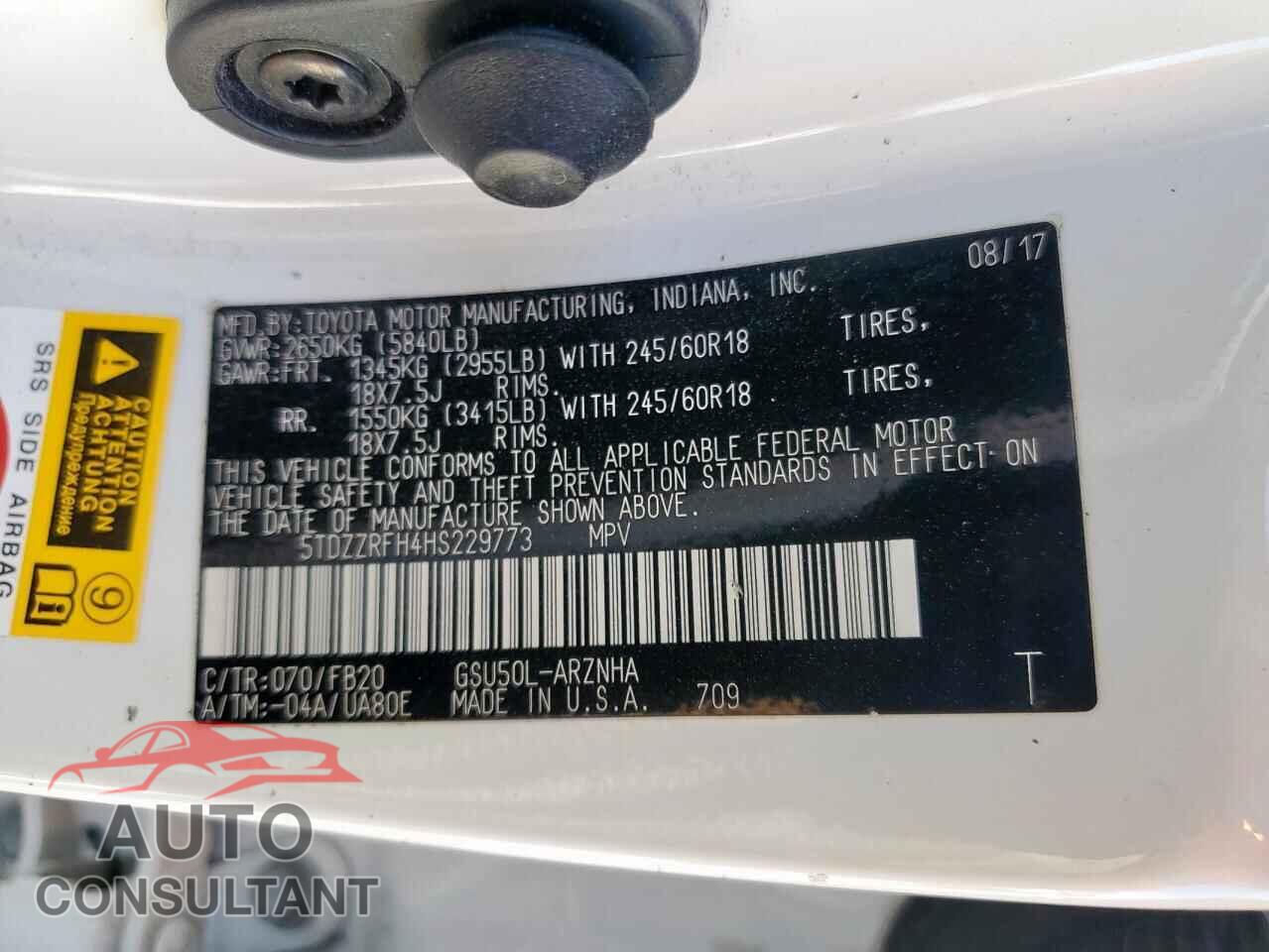 TOYOTA HIGHLANDER 2017 - 5TDZZRFH4HS229773