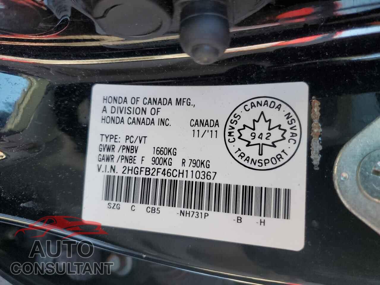 HONDA CIVIC 2012 - 2HGFB2F46CH110367