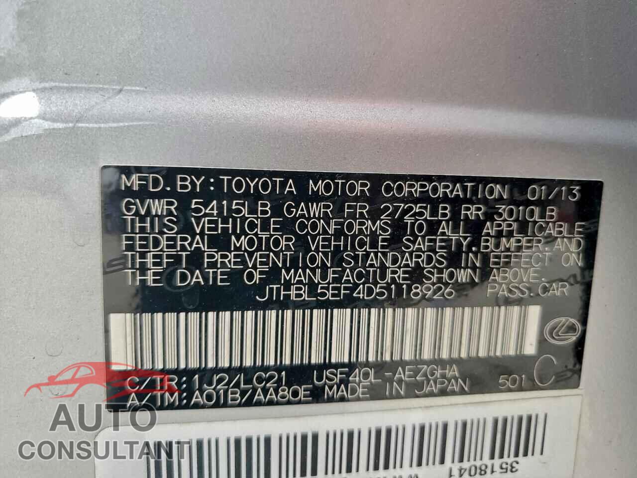 LEXUS LS460 2013 - JTHBL5EF4D5118926
