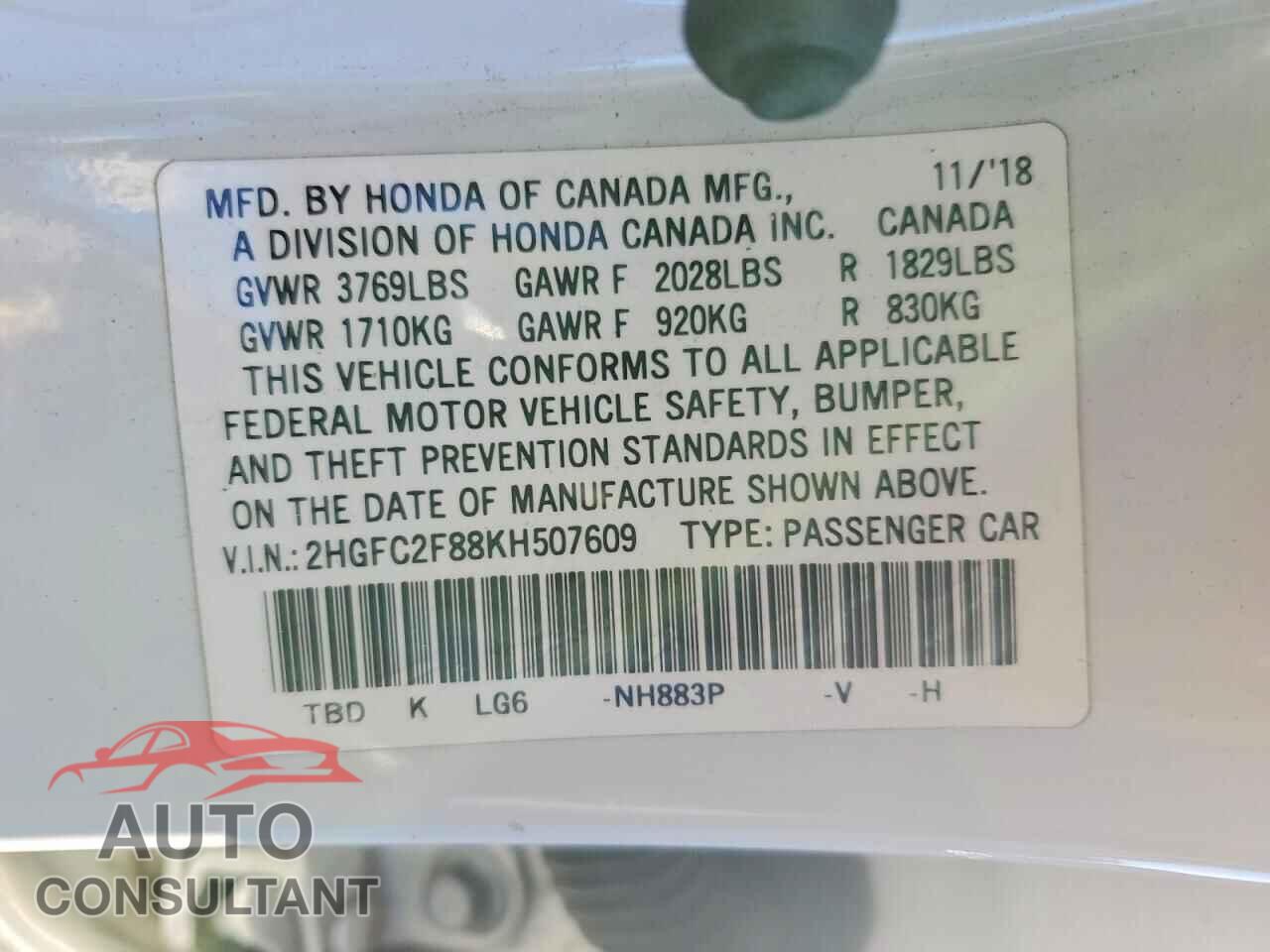 HONDA CIVIC 2019 - 2HGFC2F88KH507609