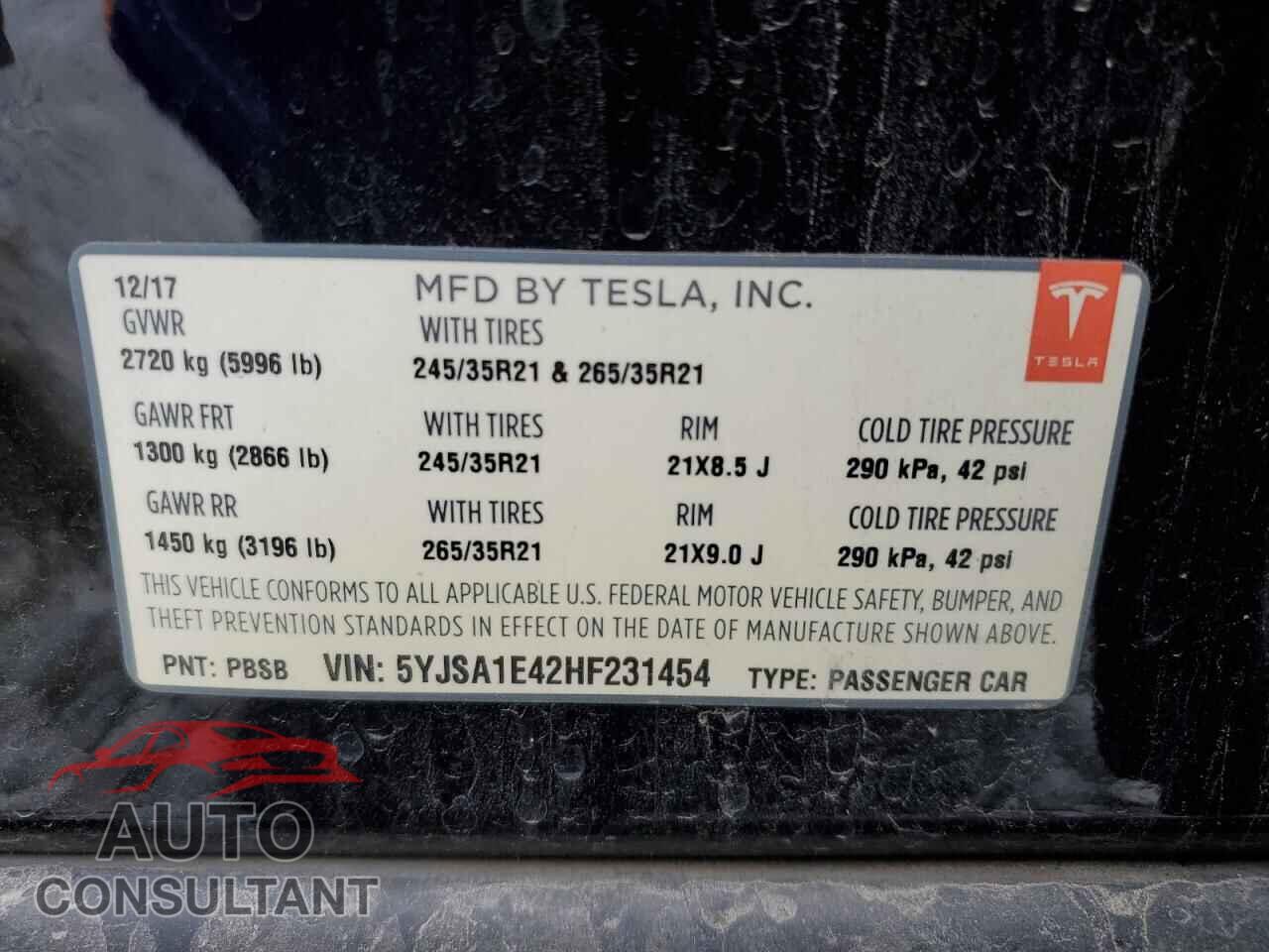 TESLA MODEL S 2017 - 5YJSA1E42HF231454