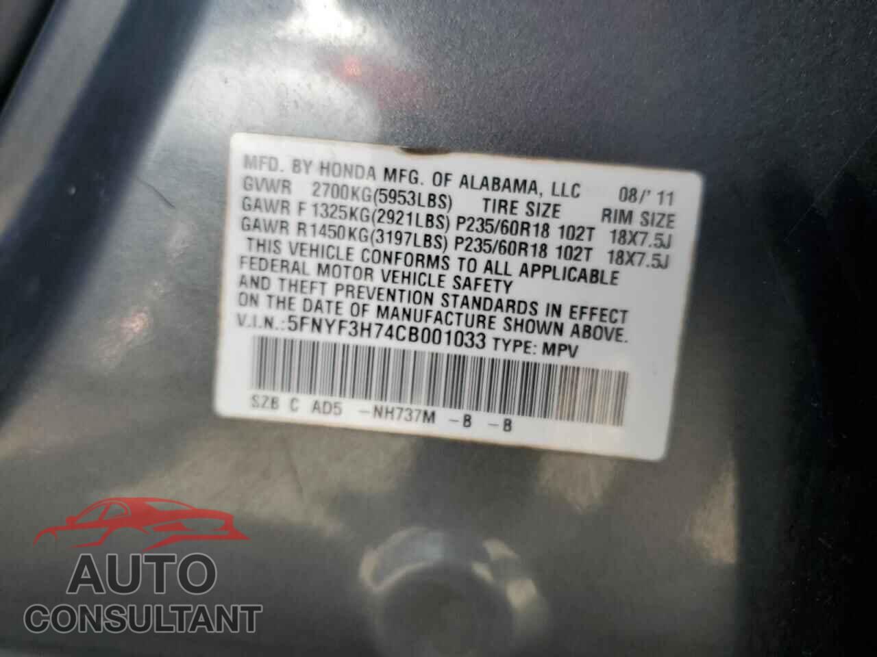 HONDA PILOT 2012 - 5FNYF3H74CB001033