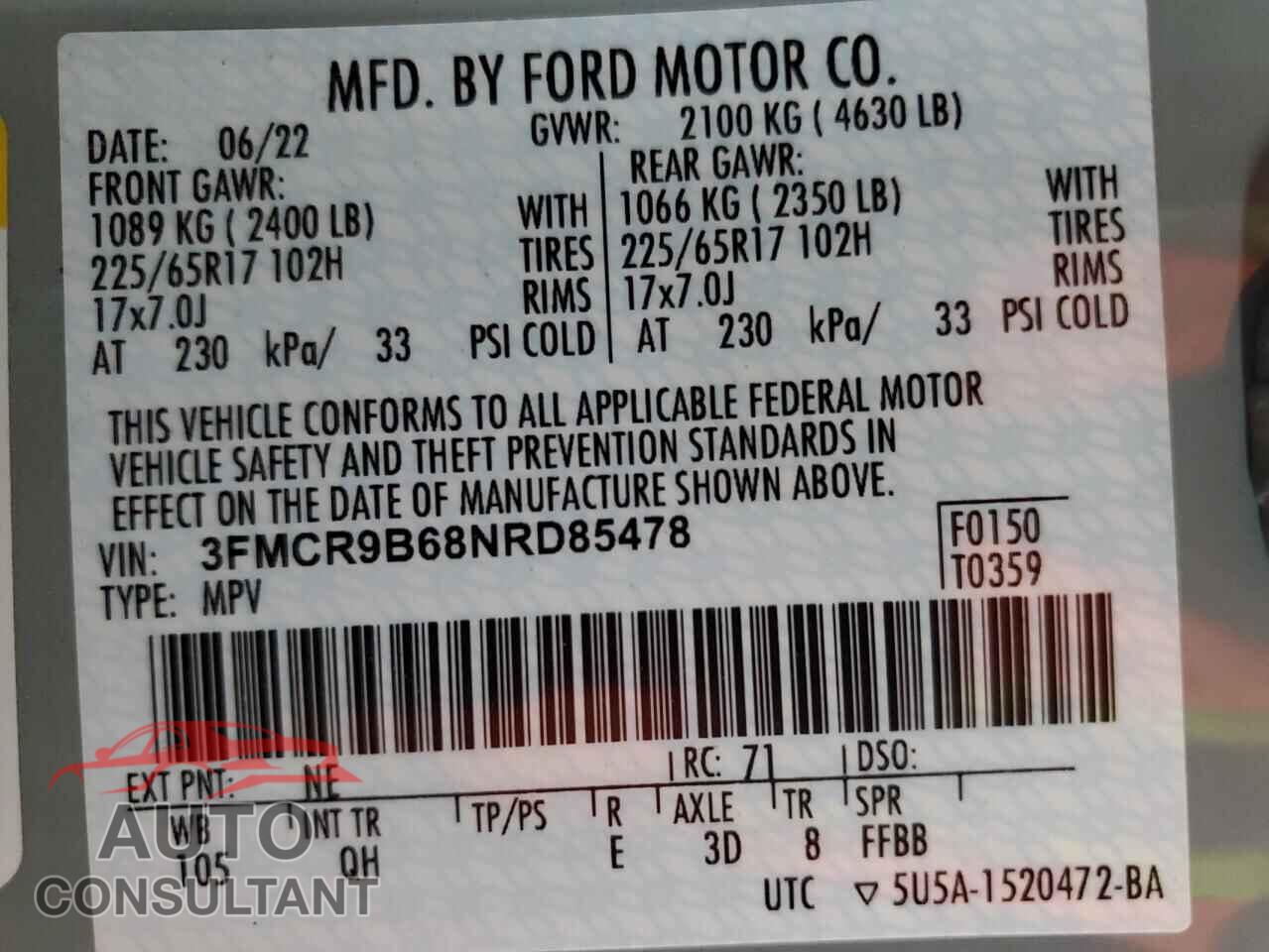 FORD BRONCO 2022 - 3FMCR9B68NRD85478