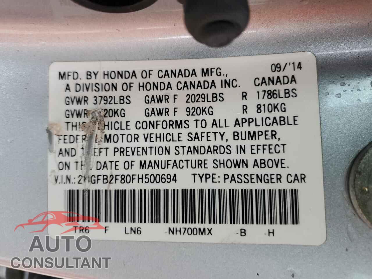 HONDA CIVIC 2015 - 2HGFB2F80FH500694