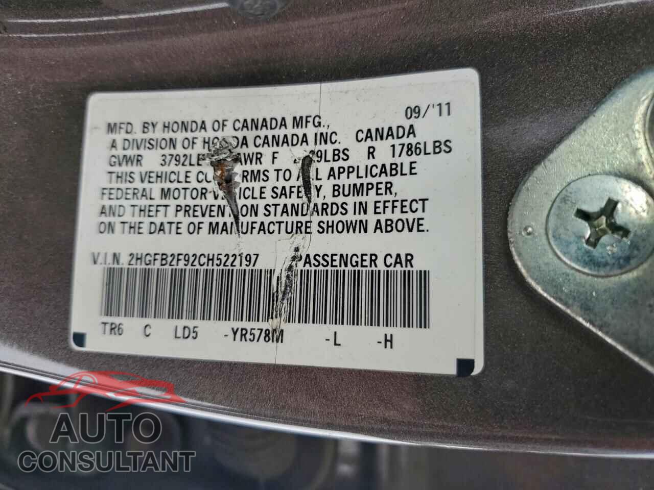 HONDA CIVIC 2012 - 2HGFB2F92CH522197