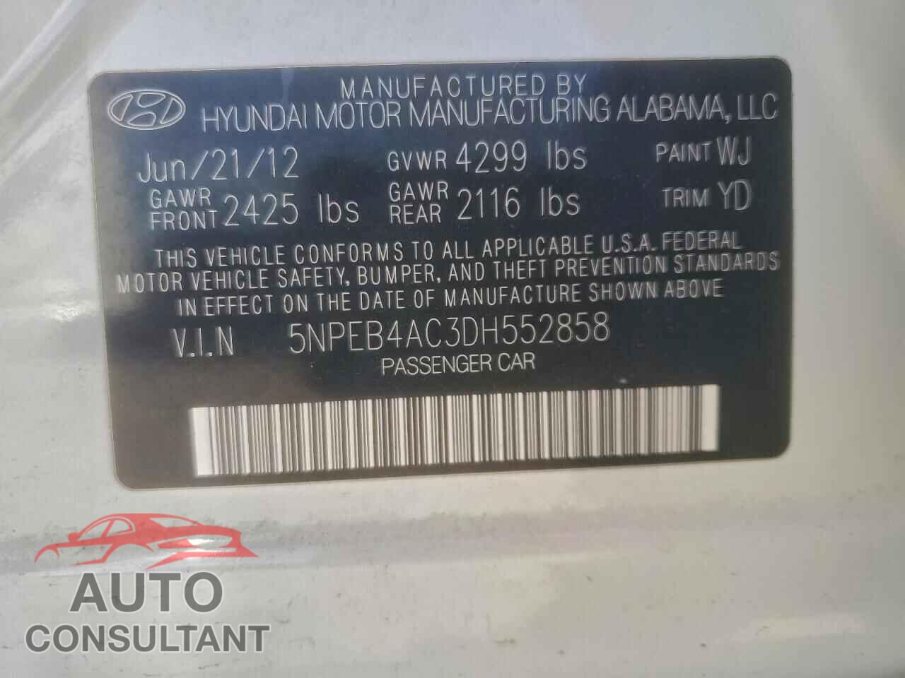 HYUNDAI SONATA 2013 - 5NPEB4AC3DH552858