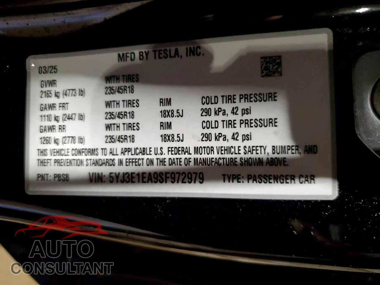 TESLA MODEL 3 2025 - 5YJ3E1EA9SF972979